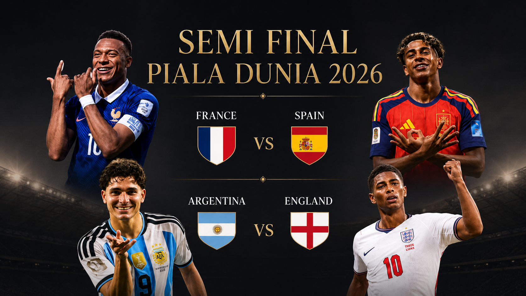 Semifinal Piala Dunia 2026 menampilkan Prancis vs Spanyol dan Inggris vs Argentina